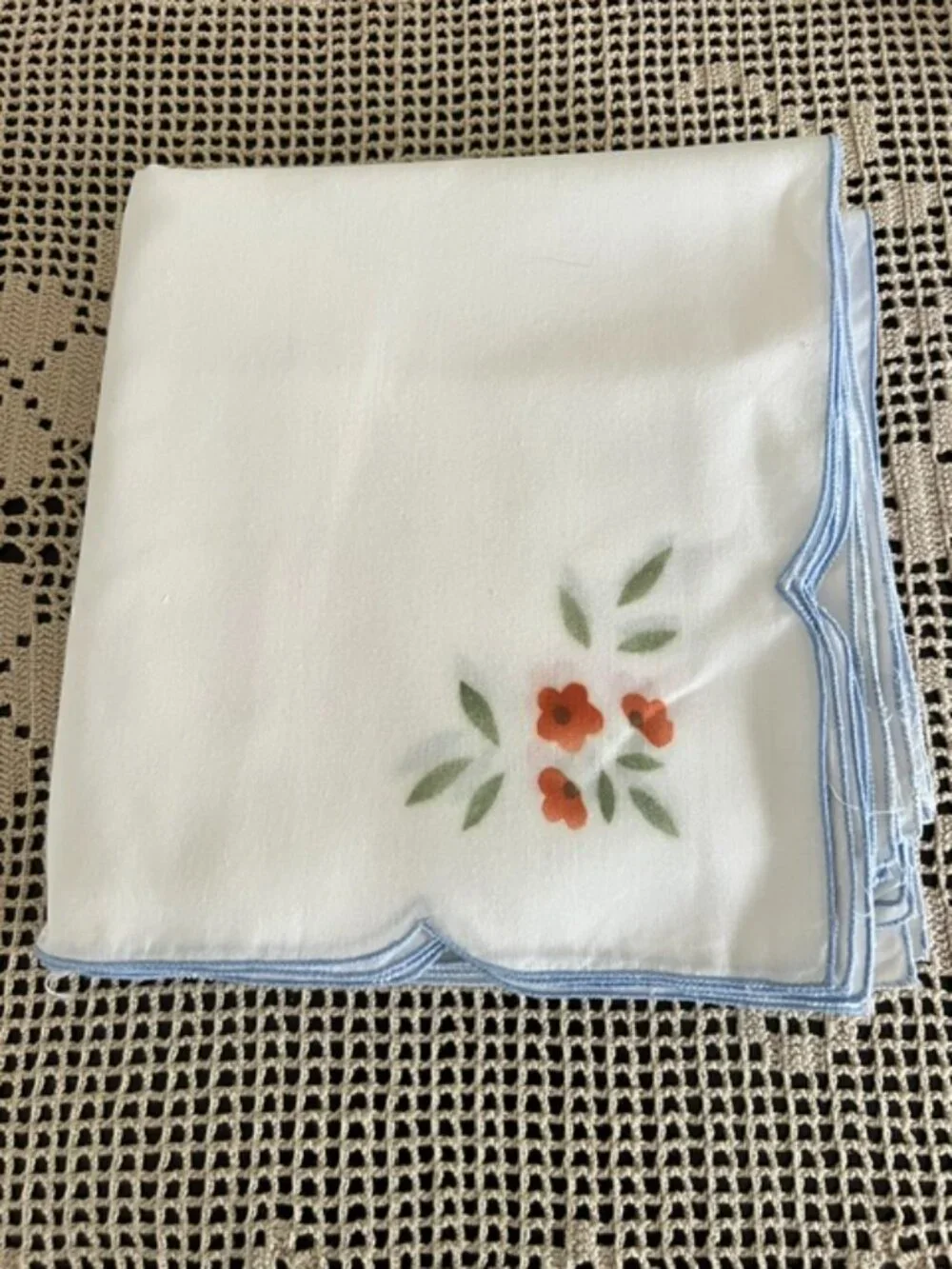 VTG White Handmade Square Embroidered & Painted Handkerchief Napkins, Set Of 12